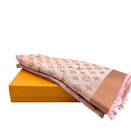 [Brand New] Louis Vuitton Silk Wool Monogram Denim Shawl Beige Pink