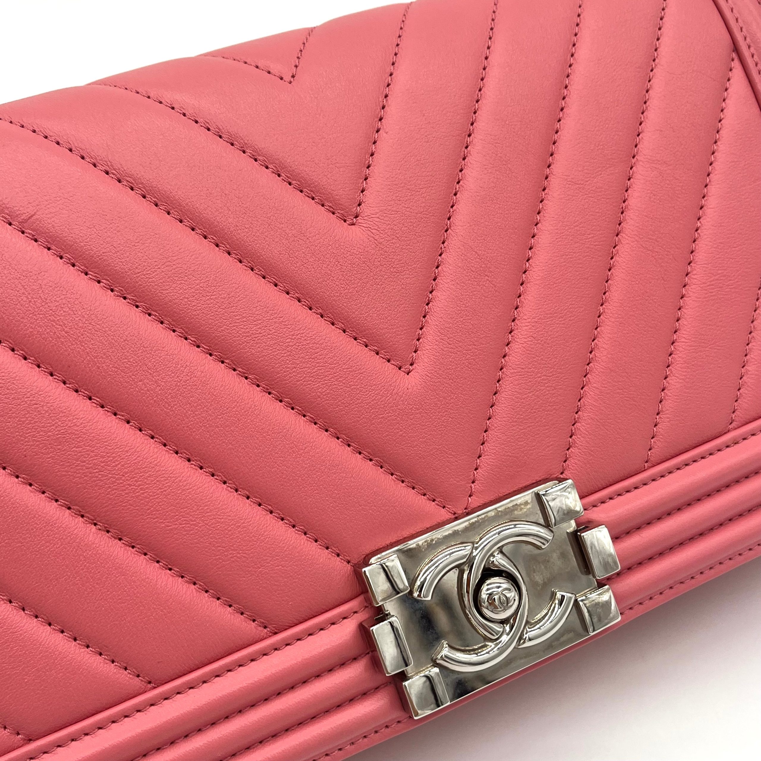 Chanel Lambskin Chevron Quilted Medium Boy Flap in Pink 2015-2016