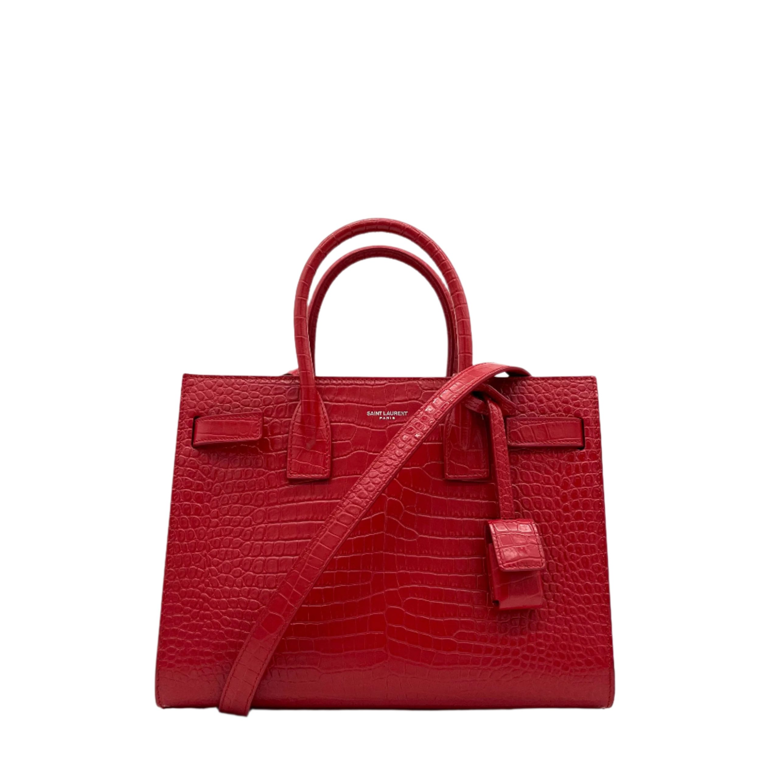 Saint Laurent small sac de jour top handle bag in matte embossed crocodile Leather Red