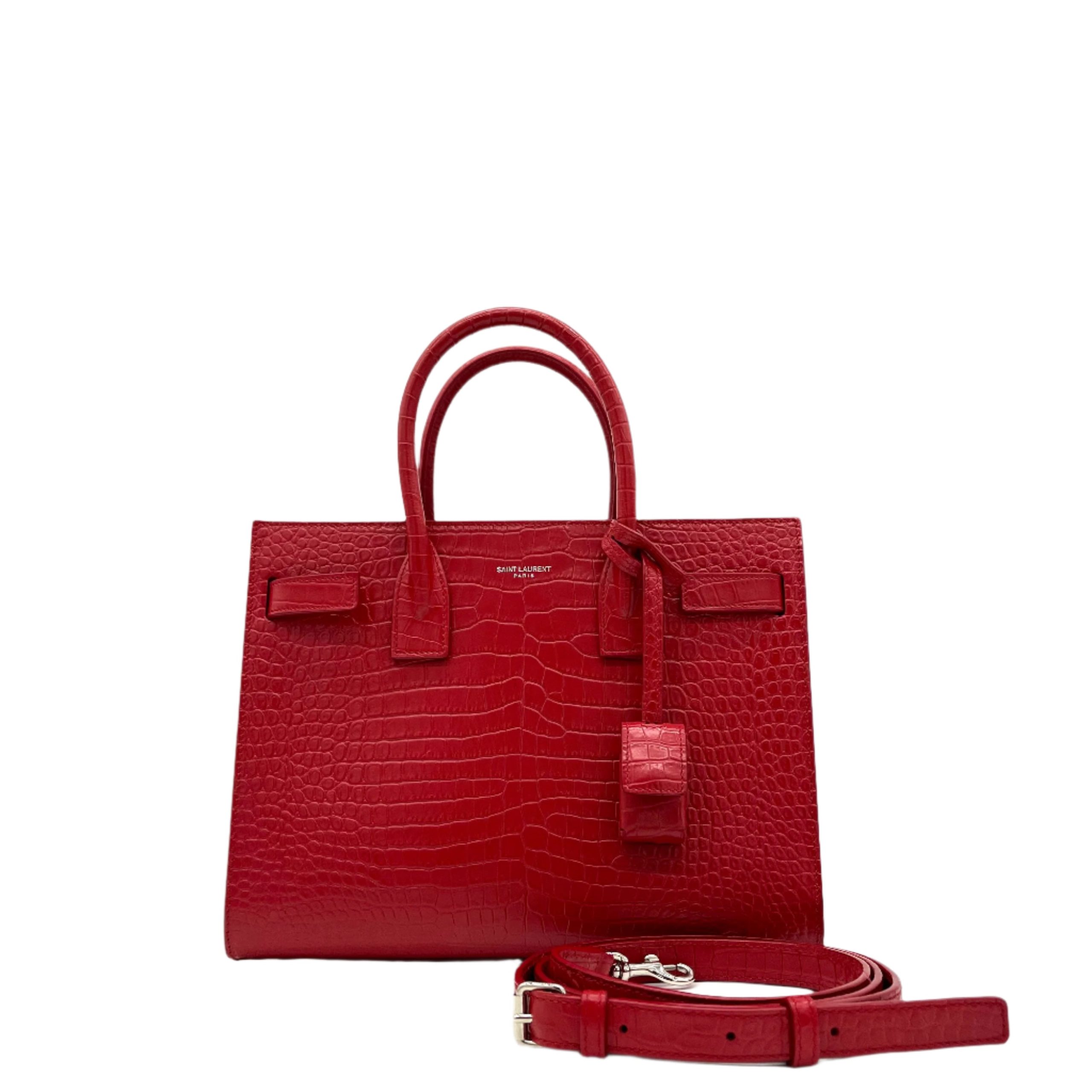 Saint Laurent small sac de jour top handle bag in matte embossed crocodile Leather Red