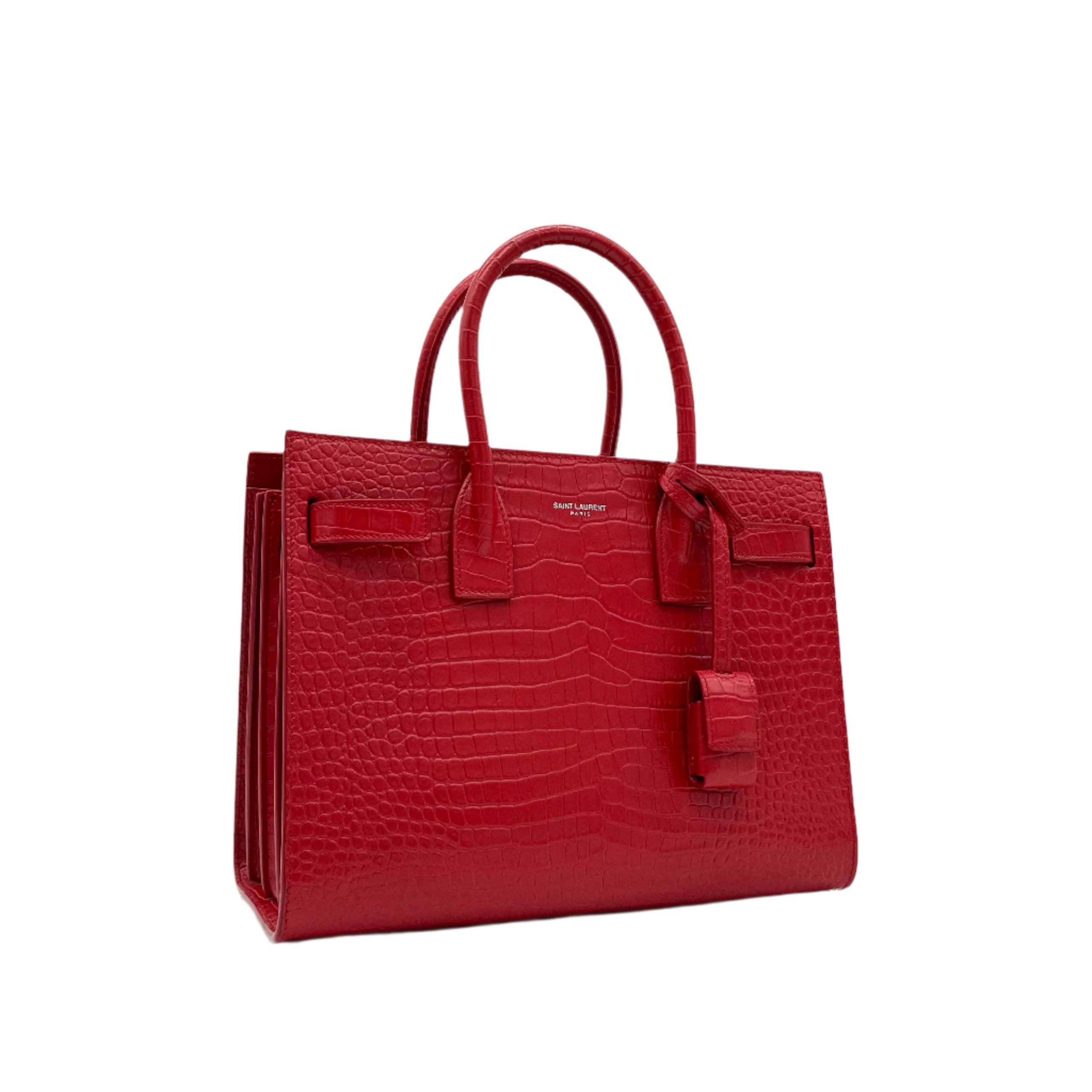 Saint Laurent small sac de jour top handle bag in matte embossed crocodile Leather Red