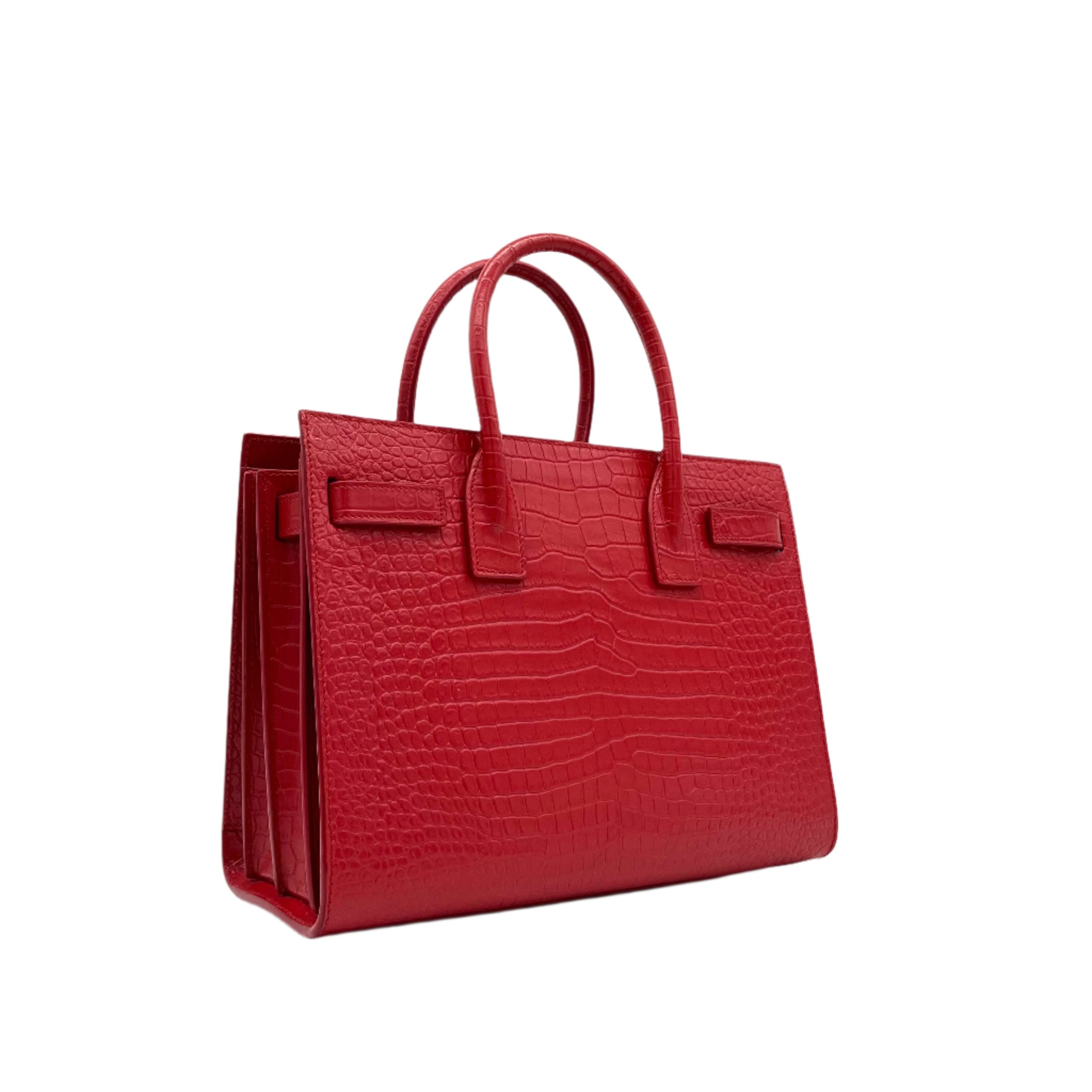 Saint Laurent small sac de jour top handle bag in matte embossed crocodile Leather Red