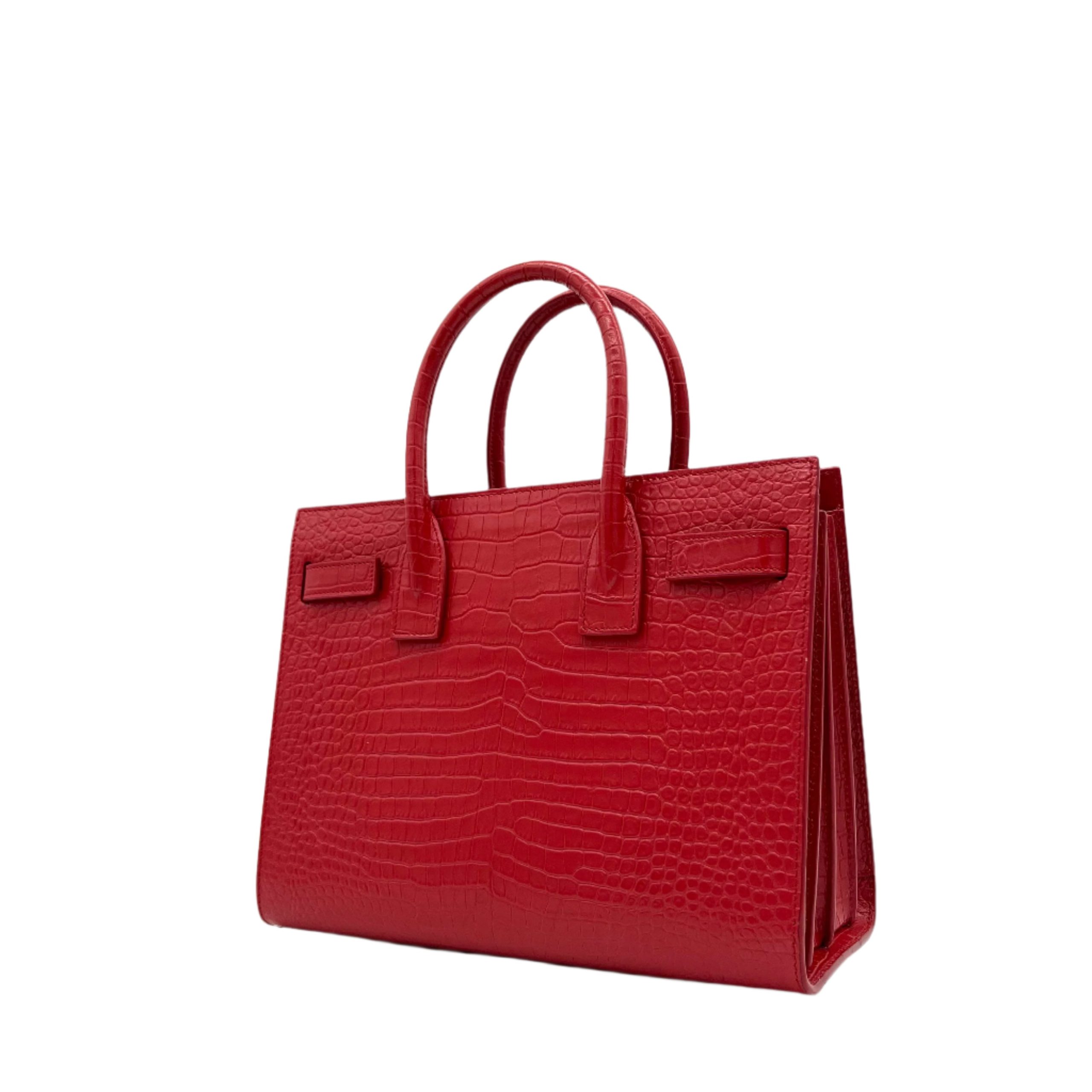 Saint Laurent small sac de jour top handle bag in matte embossed crocodile Leather Red