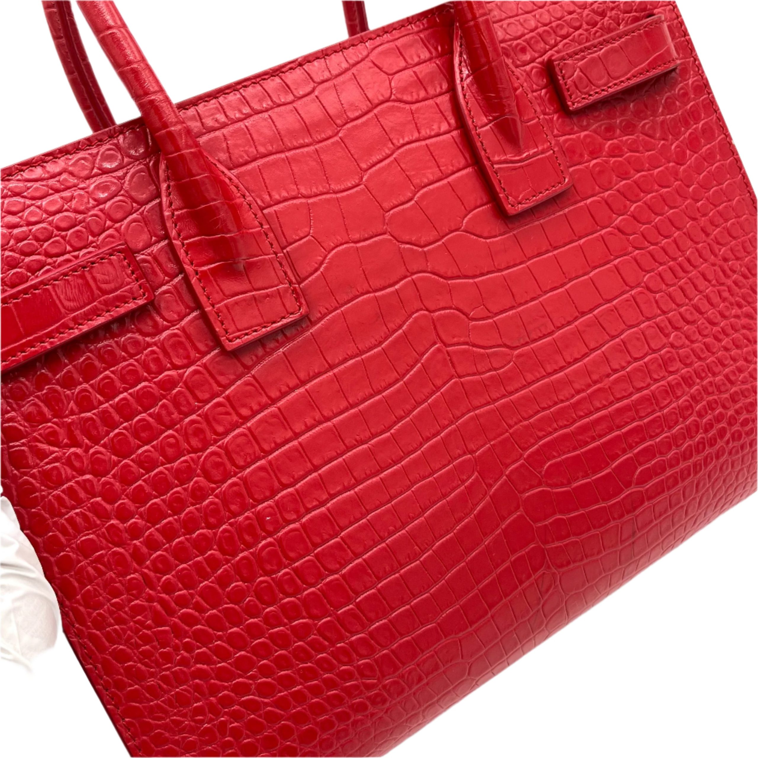 Saint Laurent small sac de jour top handle bag in matte embossed crocodile Leather Red