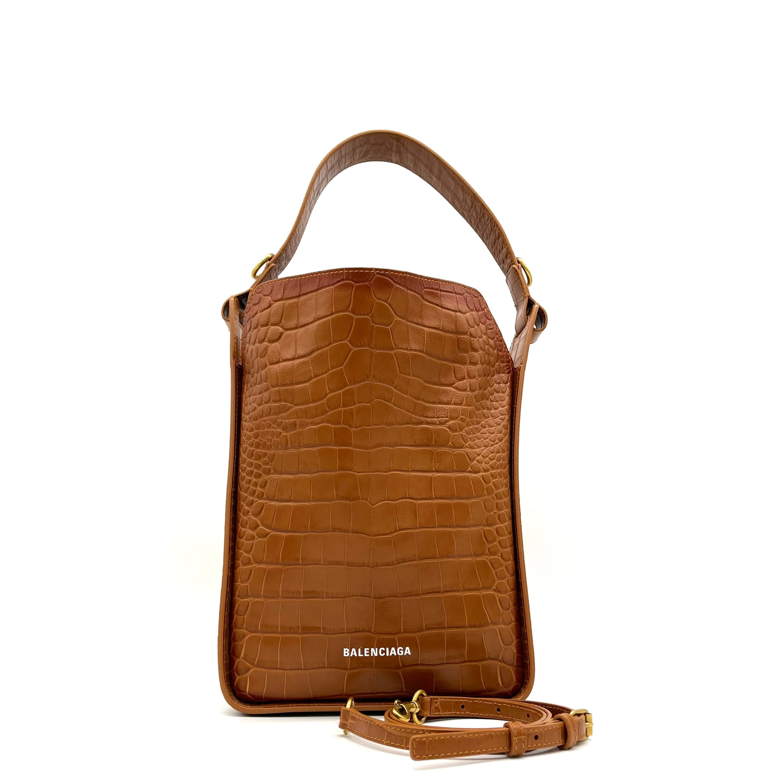 BALENCIAGA Extra Supple Calfskin Crocodile Embossed Small Tool 2.0 North-South Tote Camel