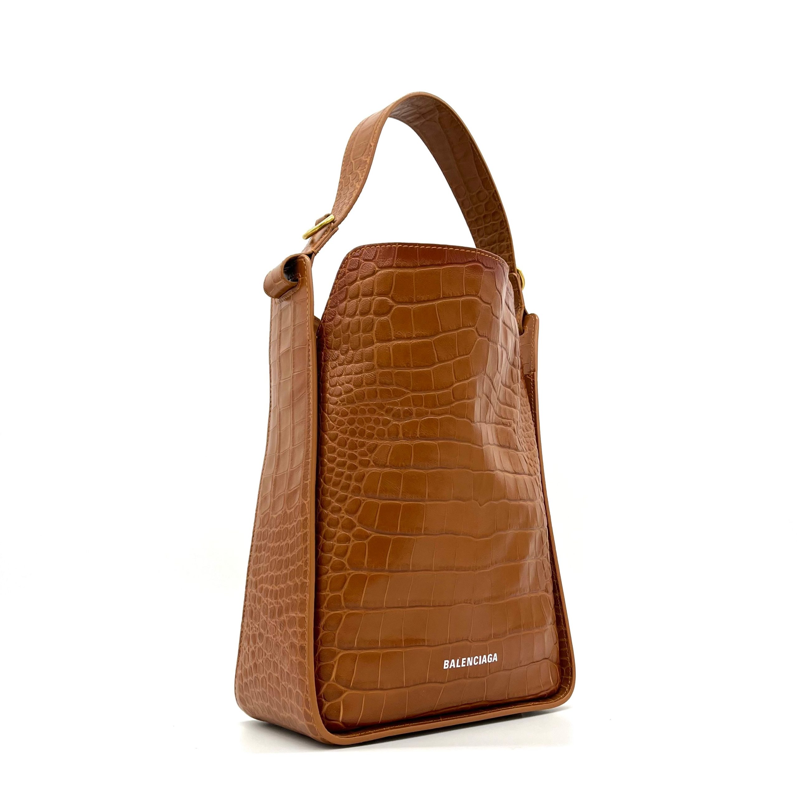 BALENCIAGA Extra Supple Calfskin Crocodile Embossed Small Tool 2.0 North-South Tote Camel