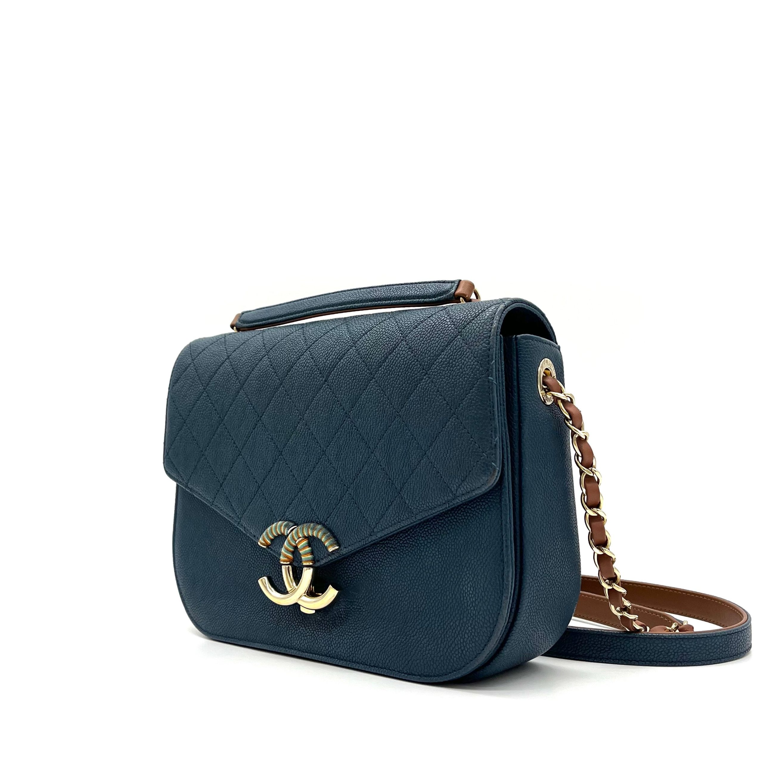 CHANEL Grained Calfskin Quilted Medium Cuba Top Handle Flap Blue 2017