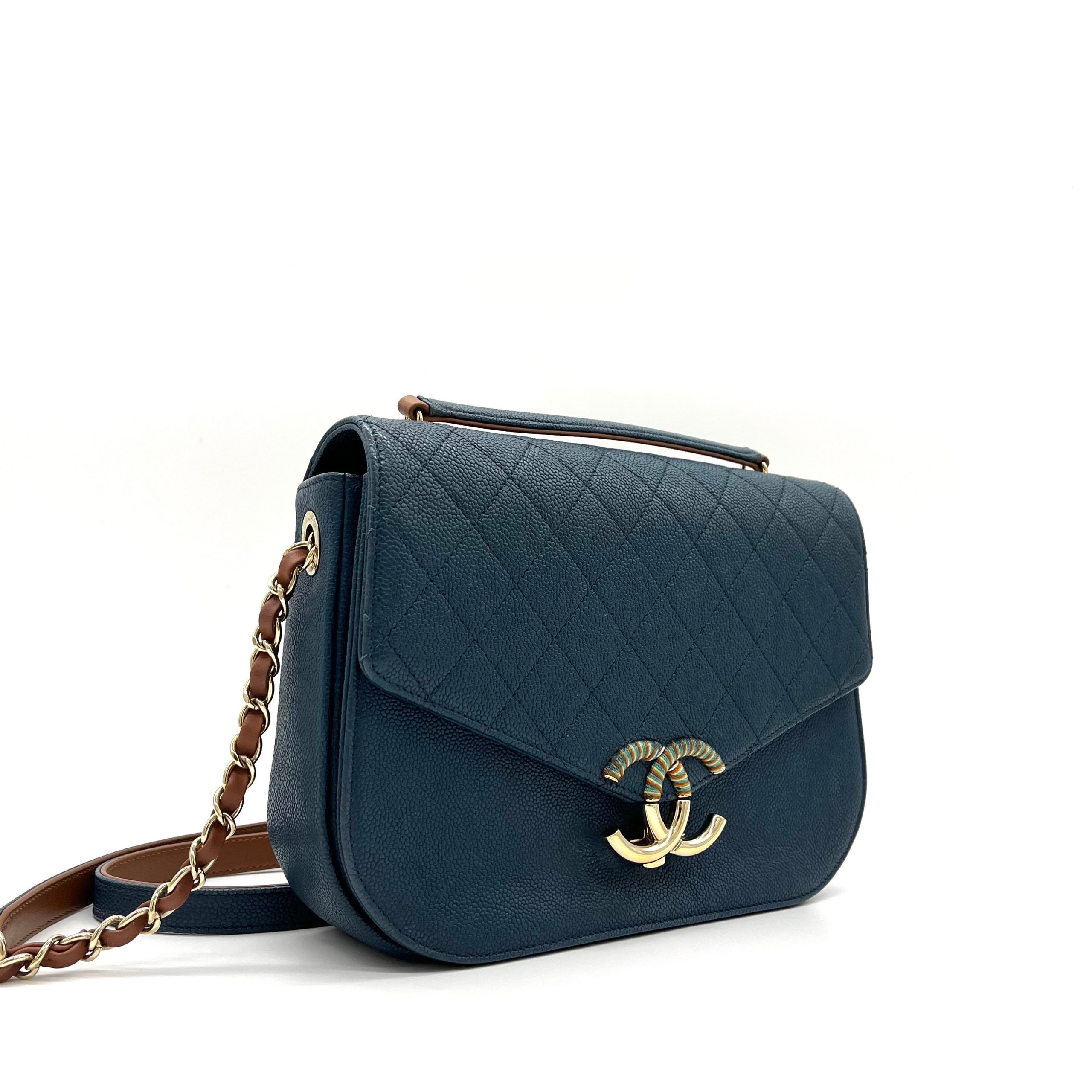 CHANEL Grained Calfskin Quilted Medium Cuba Top Handle Flap Blue 2017