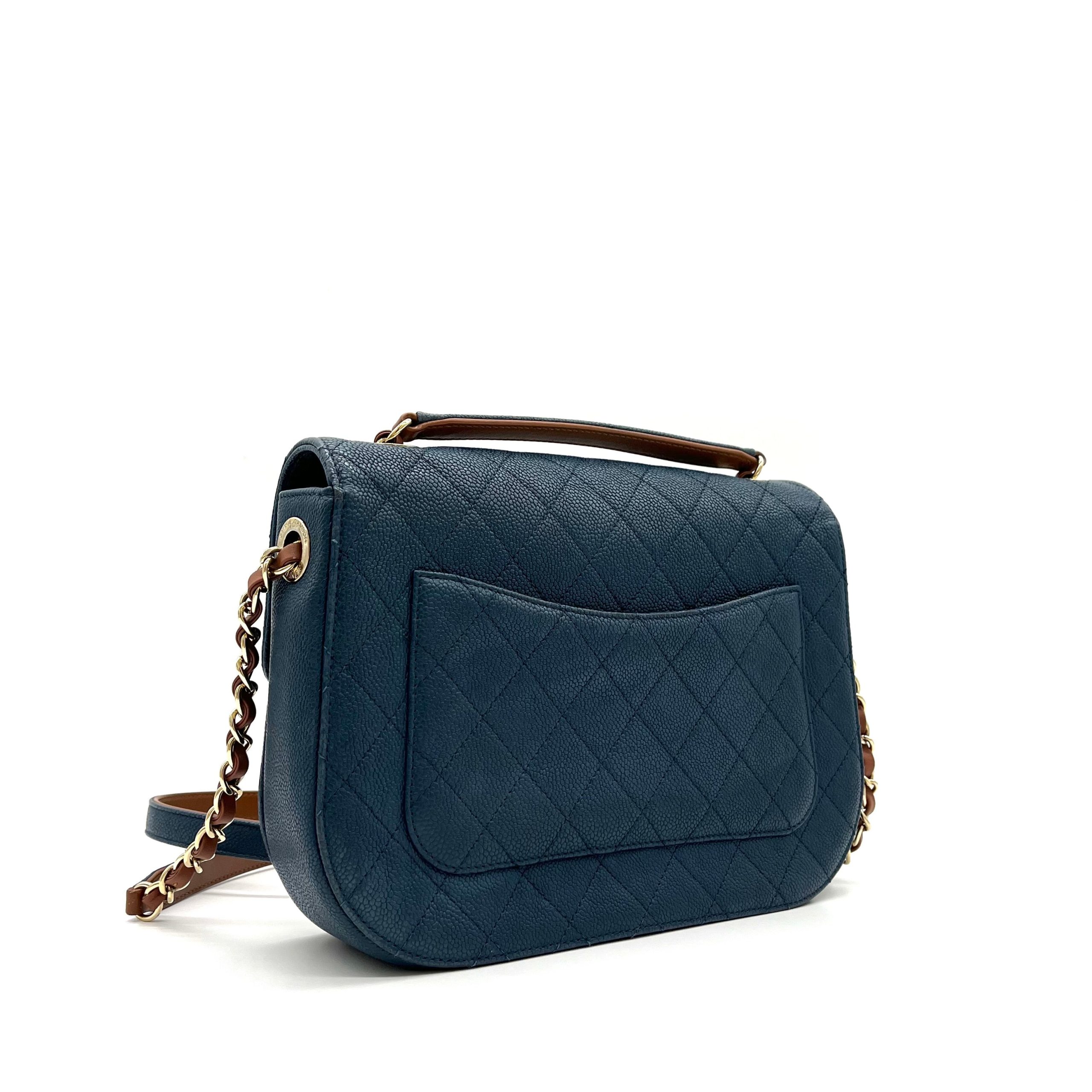 CHANEL Grained Calfskin Quilted Medium Cuba Top Handle Flap Blue 2017