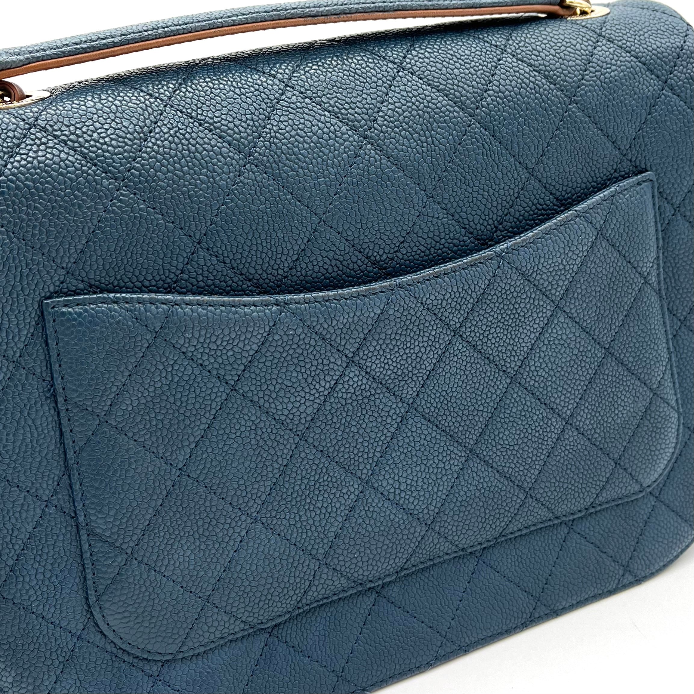 CHANEL Grained Calfskin Quilted Medium Cuba Top Handle Flap Blue 2017