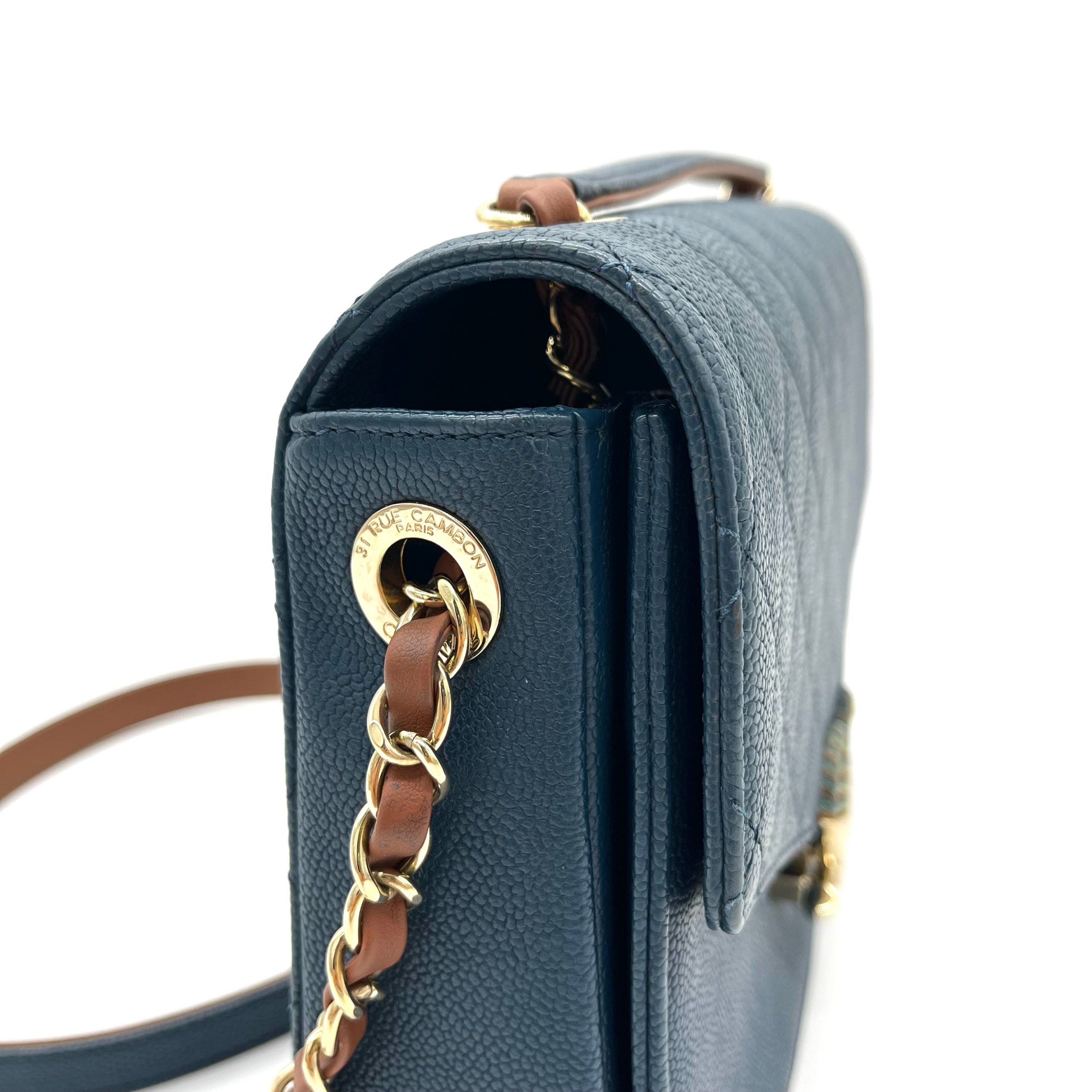 CHANEL Grained Calfskin Quilted Medium Cuba Top Handle Flap Blue 2017