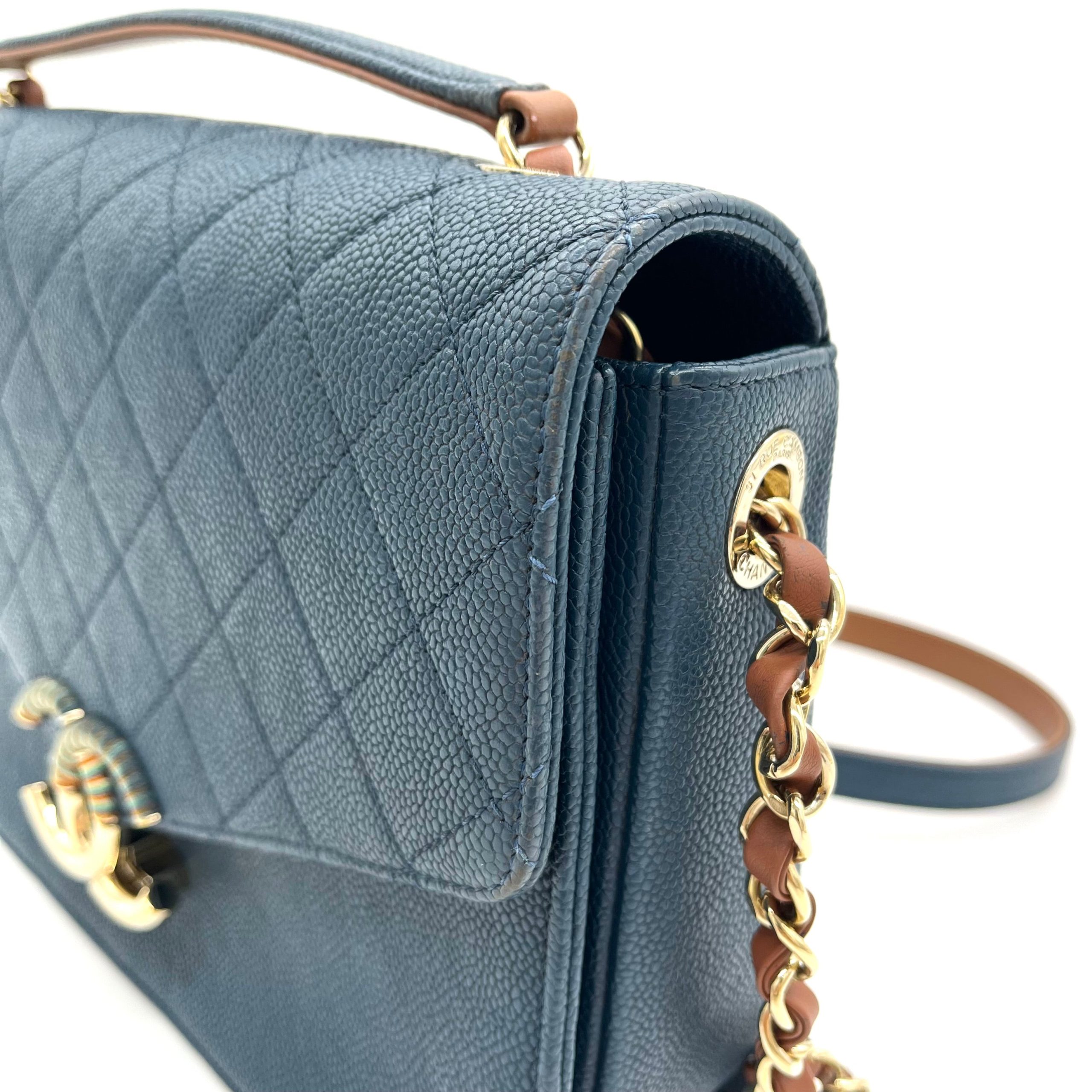 CHANEL Grained Calfskin Quilted Medium Cuba Top Handle Flap Blue 2017