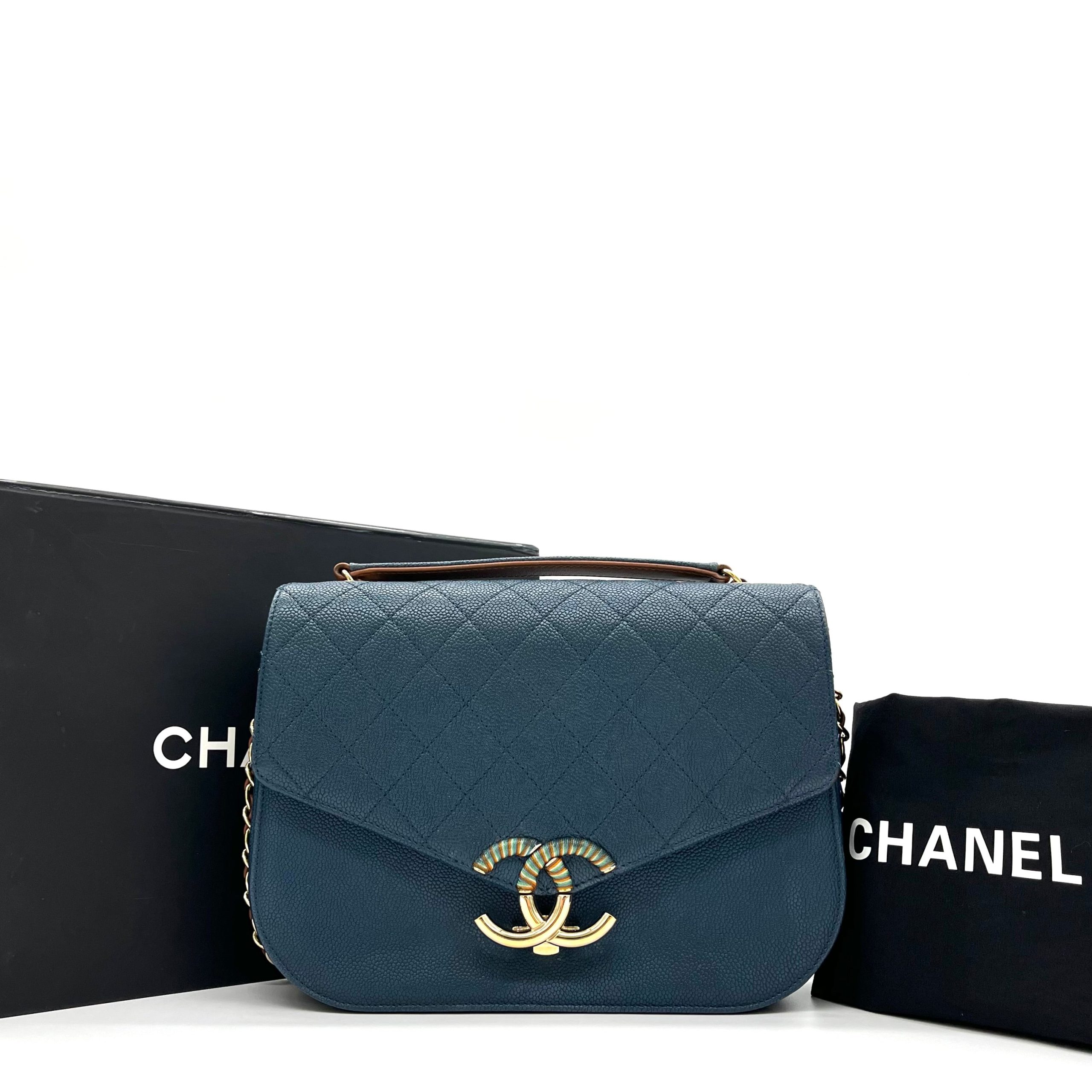 CHANEL Grained Calfskin Quilted Medium Cuba Top Handle Flap Blue 2017