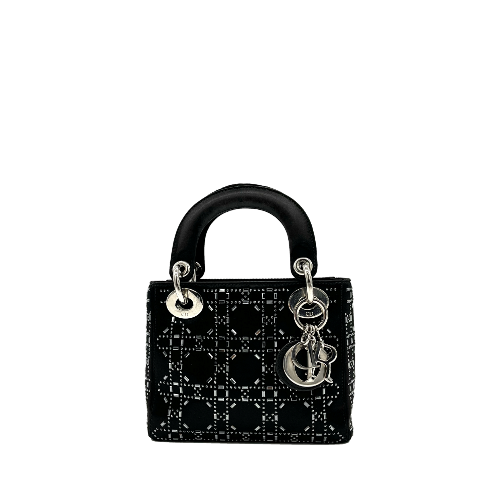 Christian Dior Satin Crystal Cannage Mini Lady Dior Black