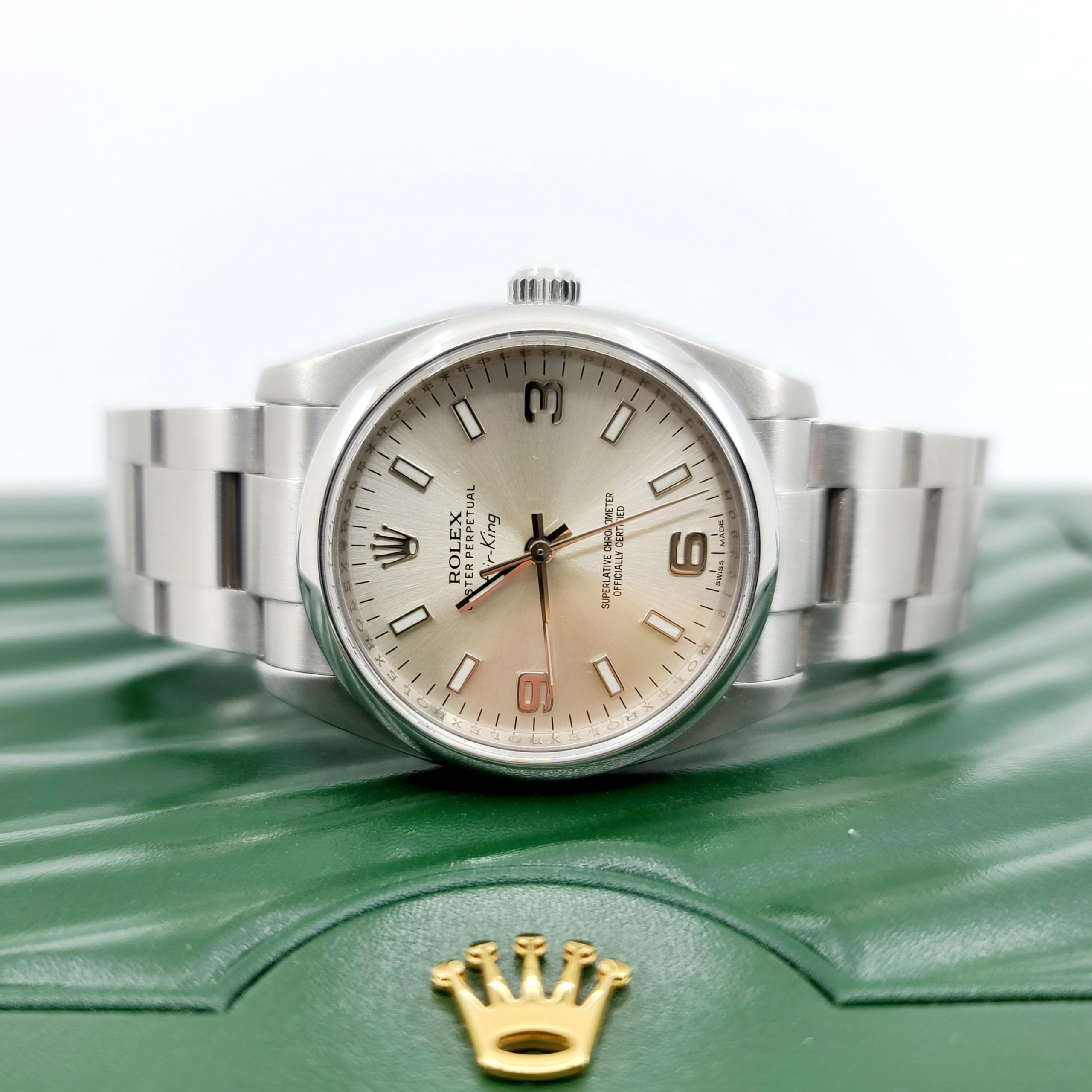 Rolex 114200 Air King Blue Baton Dial Domed Bezel Steel