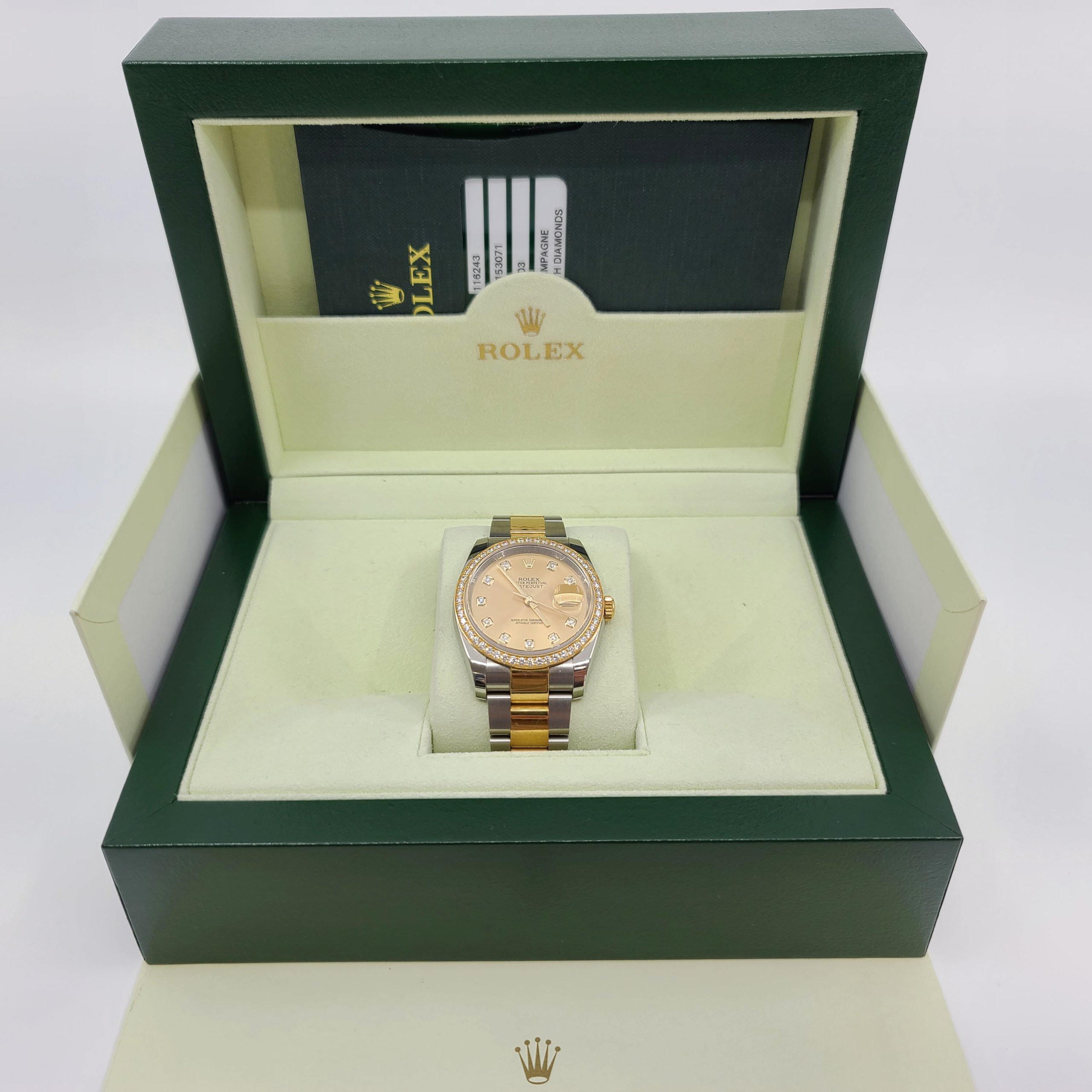 2014 Rolex 116243 date just factory tenpoint dail $ diamonds bazel Twotone 18k gold all factory parts