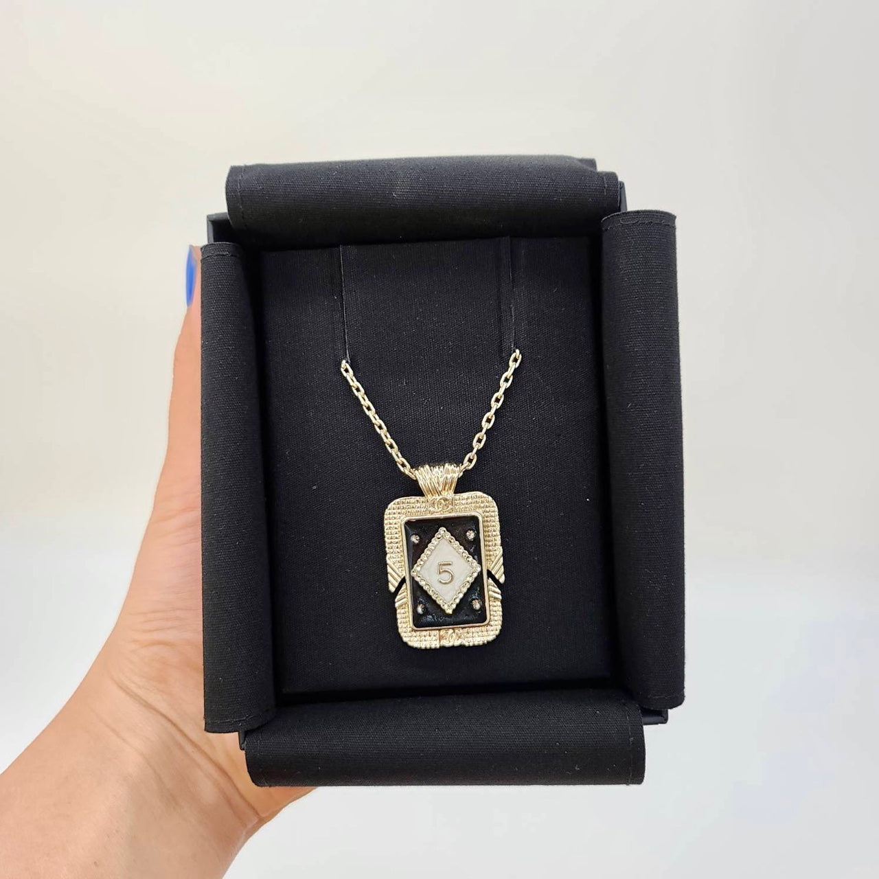 Guarantee Authentic Chanel Crystal No.5 Perfume Bottle Rectangle Pendant Reversible Gold tone necklace