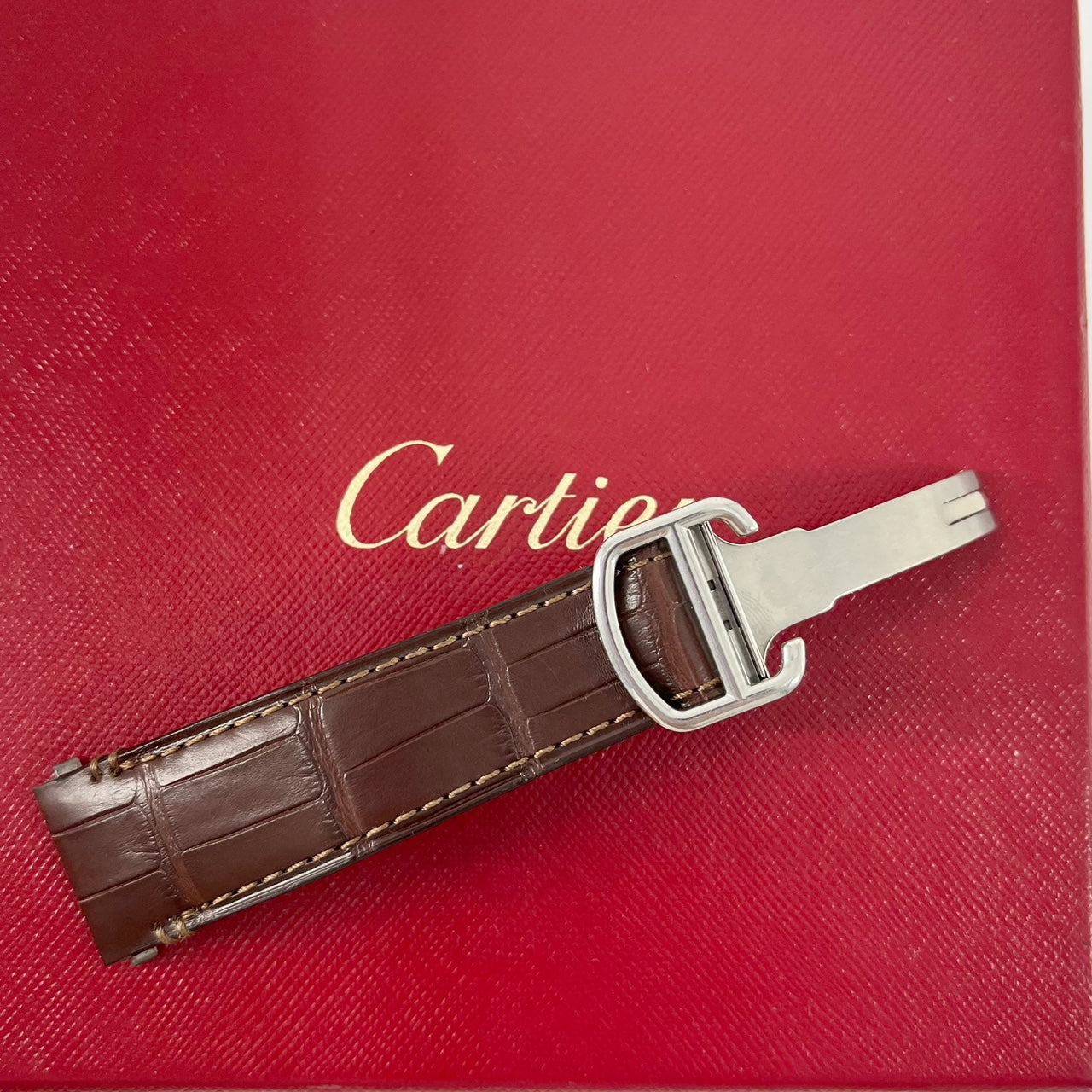 Guarantee Authentic Cartier Alligator Genuine Leather Strap Folding Deployment Clasp Buckle Brown 21mmx18mm Watch Band