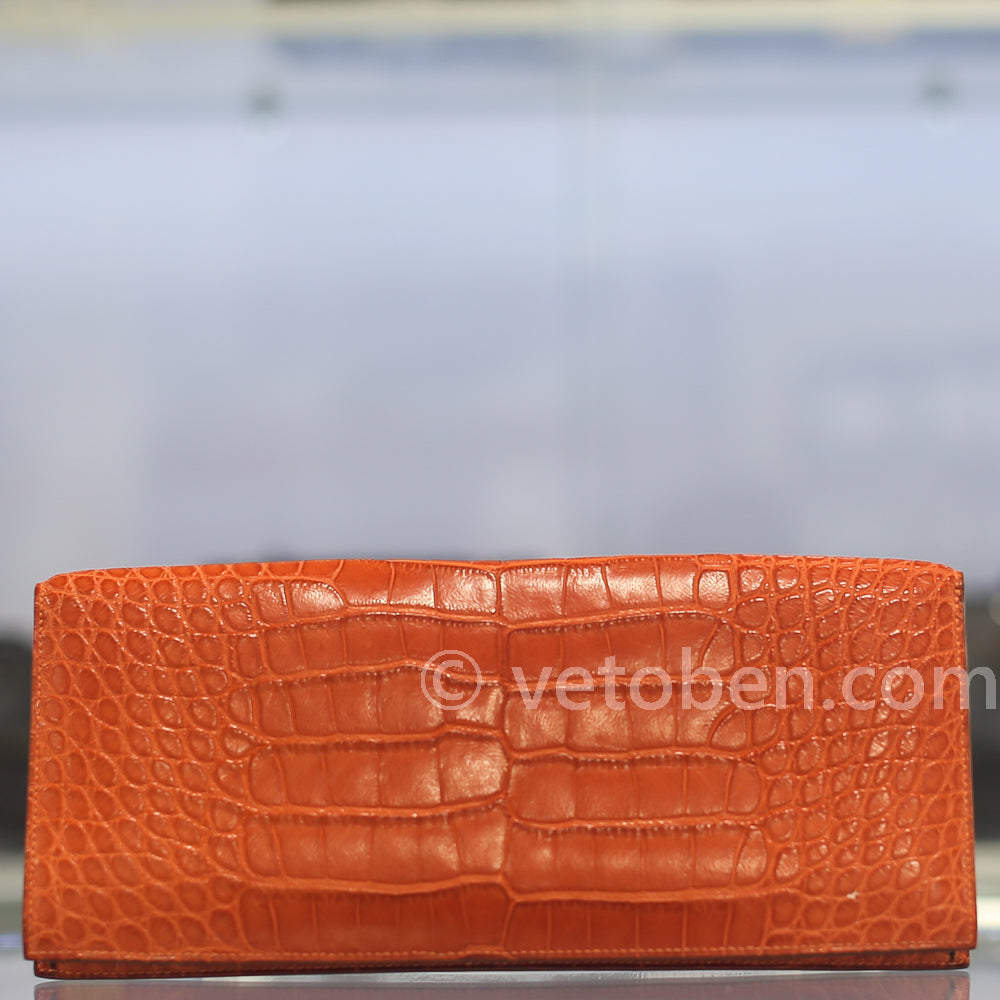 HERMES Verrou Orange Matte Alligator Crocodile Clutch Bag