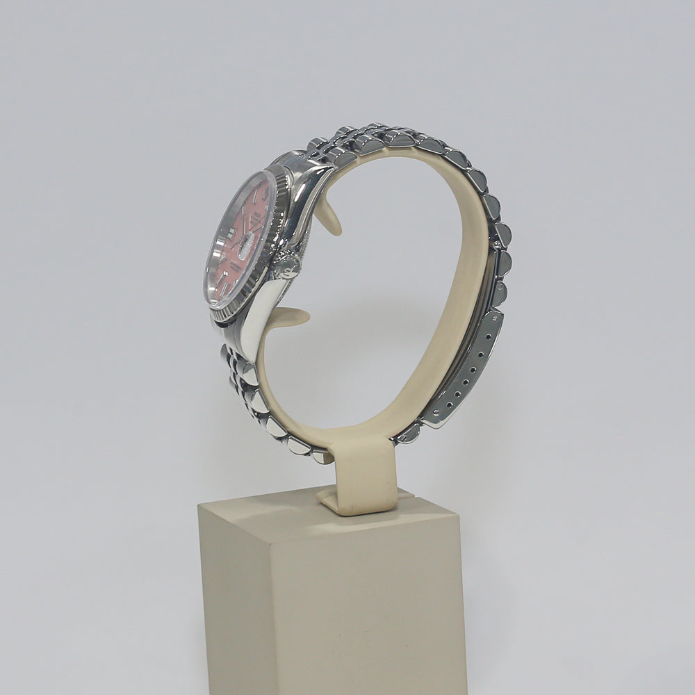 Rolex Silver Stainless Steel Oyster Perpetual Datejust with Baby Pink Dial Fluted Bezel and Jubilee Band