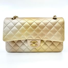 2022 Year CHANEL Classic Iridescent Lambskin Quilted Medium Double Flap Beige/Golden Handbag